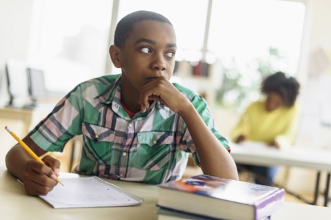 Black student thinking in classroom