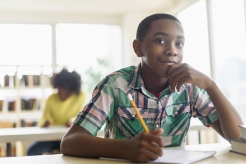 Black student thinking in classroom