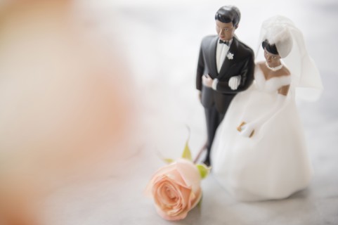 Close up of bride and groom wedding cake topper