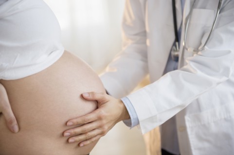 Doctor examining belly of pregnant woman