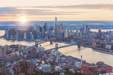 Aerial view of New York City skyline and sunset