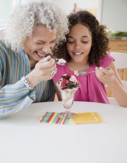 Grandmother and granddaughter sharing ice cream sundae