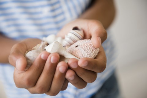 Mixed Race girl holding handful of seashells