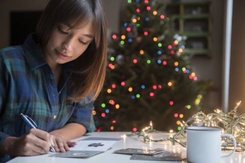 Mixed Race woman writing on card near Christmas tree