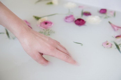 Hand of Caucasian woman in milk bath with flowers