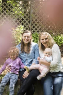 Portrait of smiling Caucasian mothers and daughters in garden