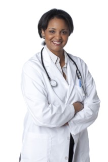 Mixed race doctor with arms crossed