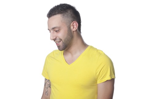 Smiling Caucasian man looking down