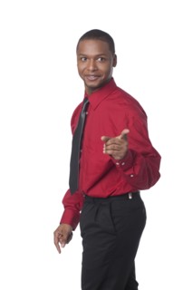 Businessman with arms outstretched pointing