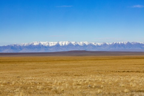 Desert and distant mountains under blue sky