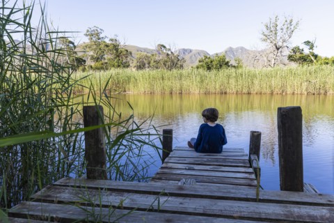 Boy sitting on wooden pier