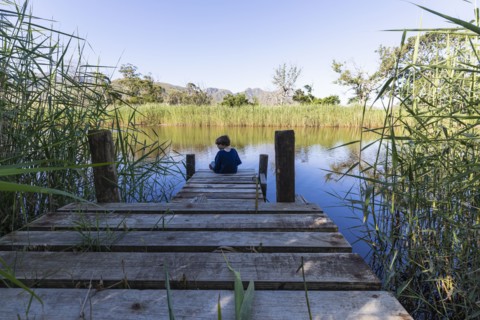 Boy sitting on wooden pier