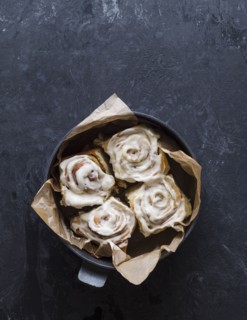 Overhead view of freshly baked cinnamon buns