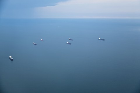 Tankers on ocean, aerial view
