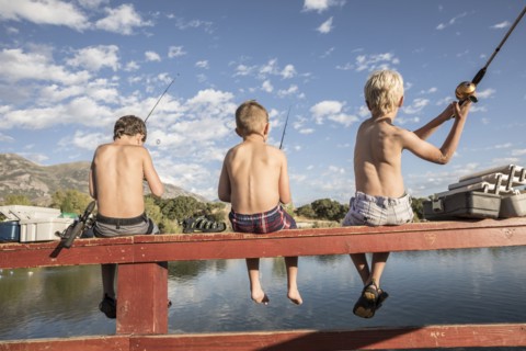 Utah, Highland, Rear view of shirtless boys