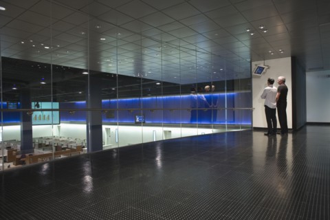 Businessmen watching data screen in modern office
