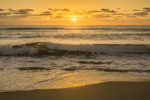 Calm ocean wave breaking onto sandy beach at sunrise