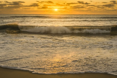 Calm ocean wave breaking onto sandy beach at sunrise