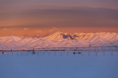 USA, Idaho, Bellevue, Snow covered field and mountains at sunrise
