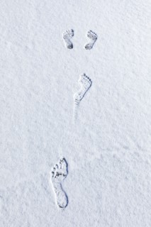 Overhead view of bare footprints in fresh snow