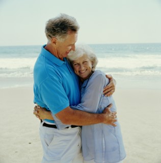 Mature couple embracing on beach