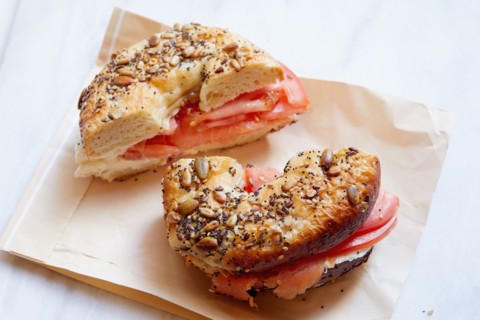 Studio shot of bagel with lox and cream cheese
