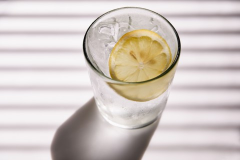 High angle view of club soda with ice and lemon