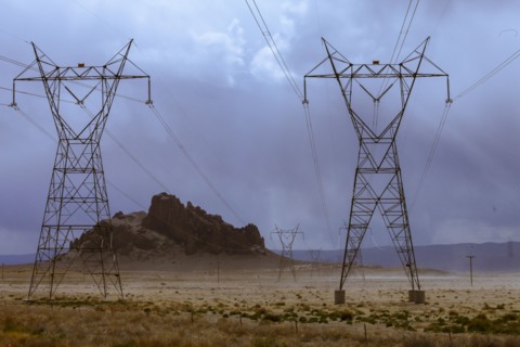 Electricity pylons in desert