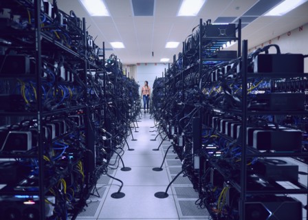 Female technician working in server room