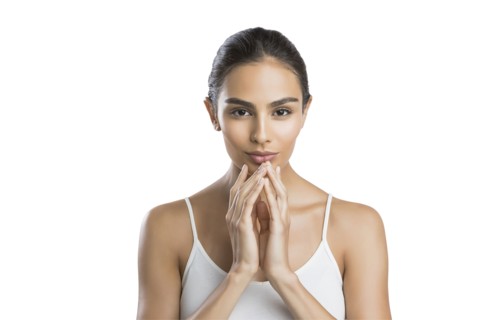 Portrait of serious young woman with hands clasped