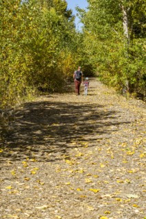 Father and daughter walk rural path in fall