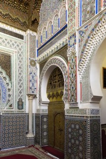 Traditionally decorated walls and tilework in mosque
