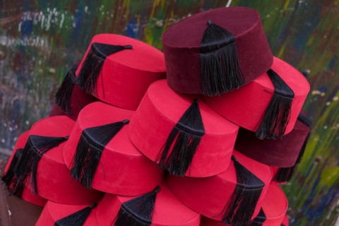 Traditional red Fez hats piled up for sale