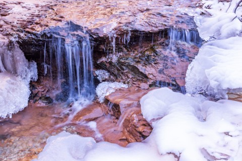Frozen creek in winter in Zion National Park