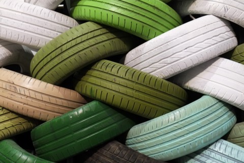 Wall of colorful recycled tires