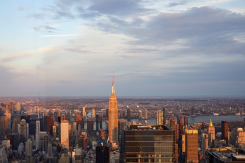 Aerial view of Manhattan skyscrapers at sunset