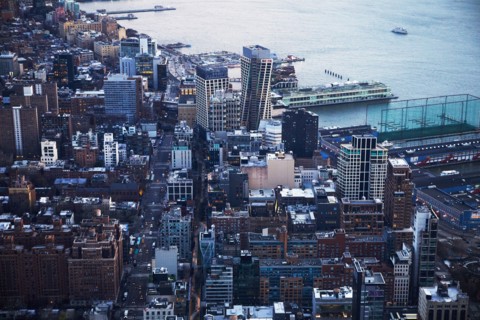 Aerial view of Chelsea apartment buildings and Hudson river