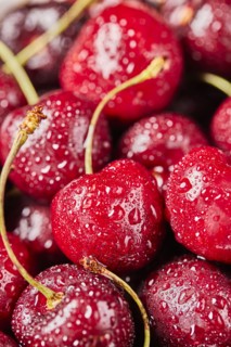 Close-up of fresh cherries with water drops