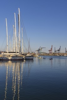 Sailboats moored at marina with dock cranes in background