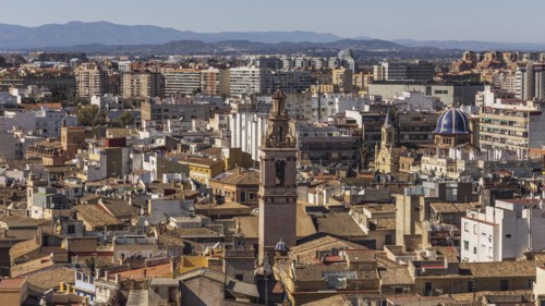 Old town buildings rooftops and church tower