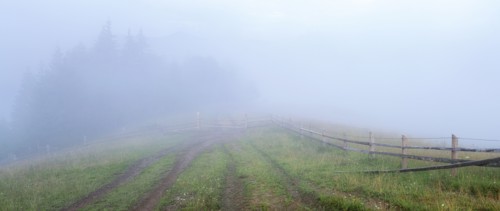 Foggy rural landscape in Carpathian Mountains