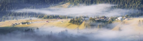 Panoramic view of rolling landscape in Carpathian Mountains