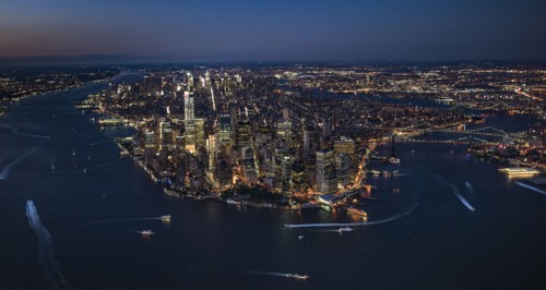 Aerial view of lower Manhattan illuminated at night