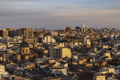 Elevated view of crowded cityscape
