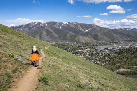 Senior blonde woman hiking on Carbonate Mountain trail