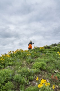 Senior blonde woman hiking on Carbonate Mountain trail