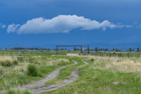 Clouds above empty meadow with dirt road