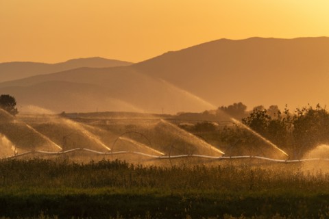 Farm irrigation system with mountain landscape in background at sunset