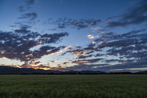 Sunrise over mountains and fields
