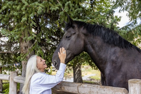 Senior woman stroking cheek of large Percheron draft horse